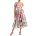 4670 Pink Natural Waist Woven Fabric Floral Print Button Detail Short Sleeve Casual Women's Summer Midi Dress Lining