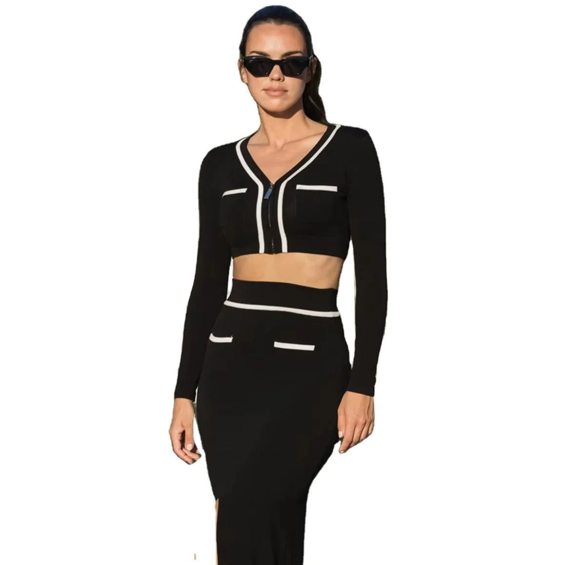 Custom Design logo Knitted Sportswear Long Sleeve V Neck Sport Cotton Tennis Women Knit tank Top and Skirt 2 Piece Set