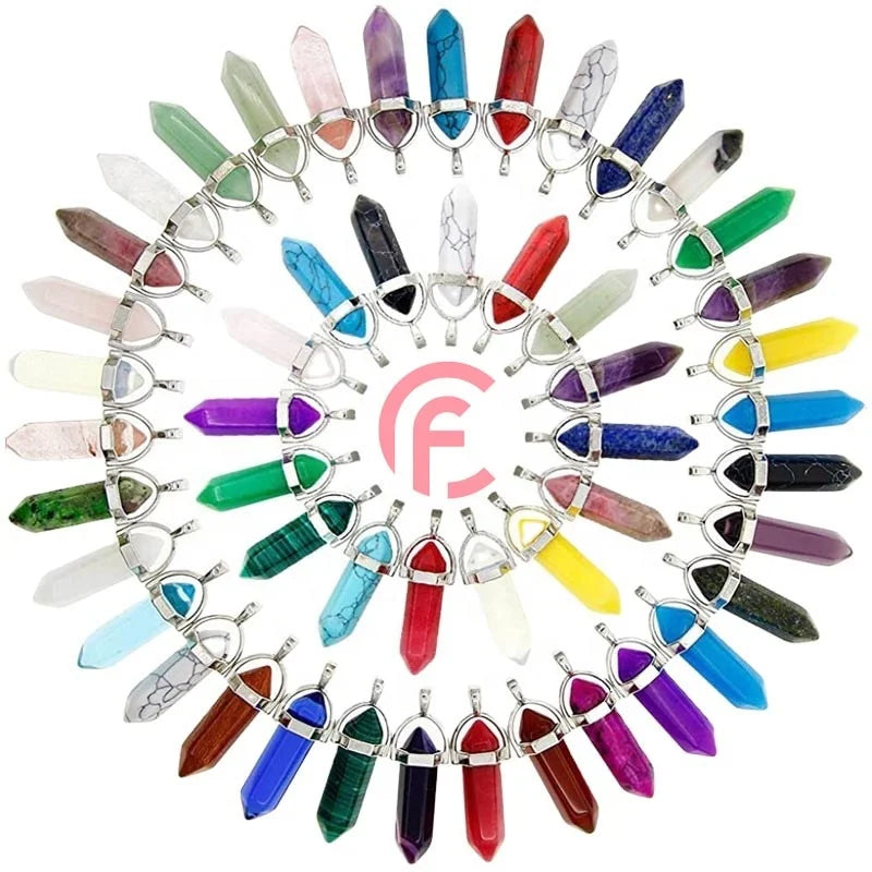 Natural Stone Quartz Hexagonal Agate Bullet Pendulum Crystal Amethyst Pendant Necklace for Women and Men Stainless Steel Chain