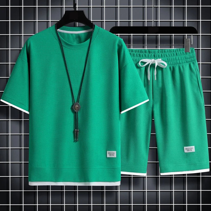 2023 Summer Men's Two Piece Set Linen Fabric Casual T-shirt and Shorts Set Mens Sports Suit Fashion Short Sleeve Tracksuit