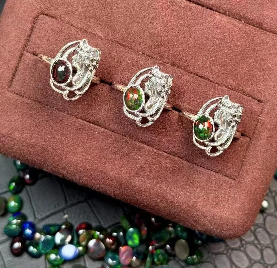 Vintage 925 Sterling Silver Healing Crystal Gemstone Jewelry Black Opal Ring for Evil-removing and Disaster-preventing