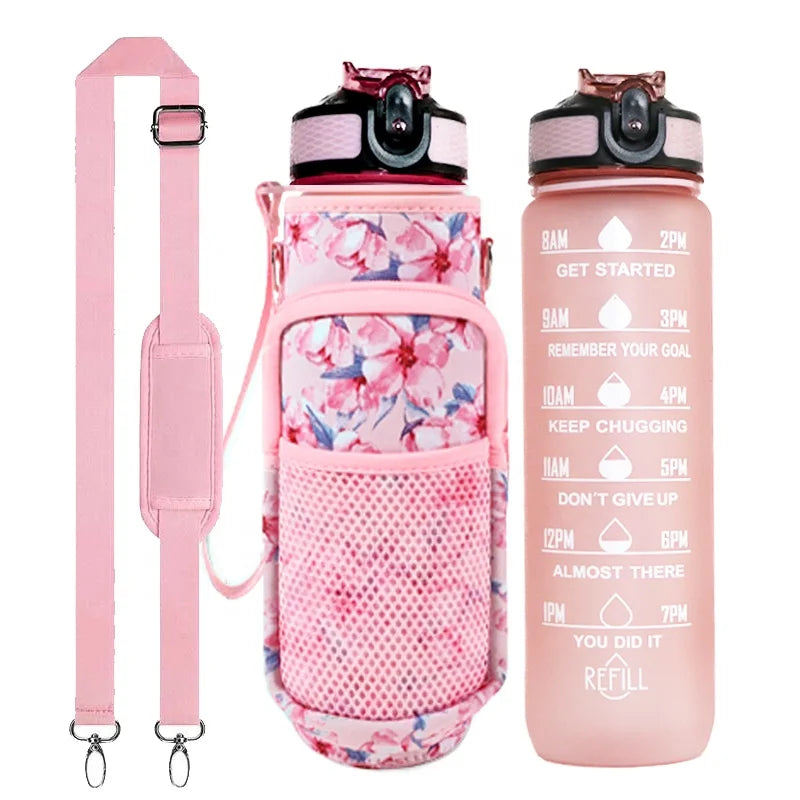 32 oz/ 64oz plastic water bottle with storage sleeve and shoulder strap bpa free bottle custom logo new product ideas 2025