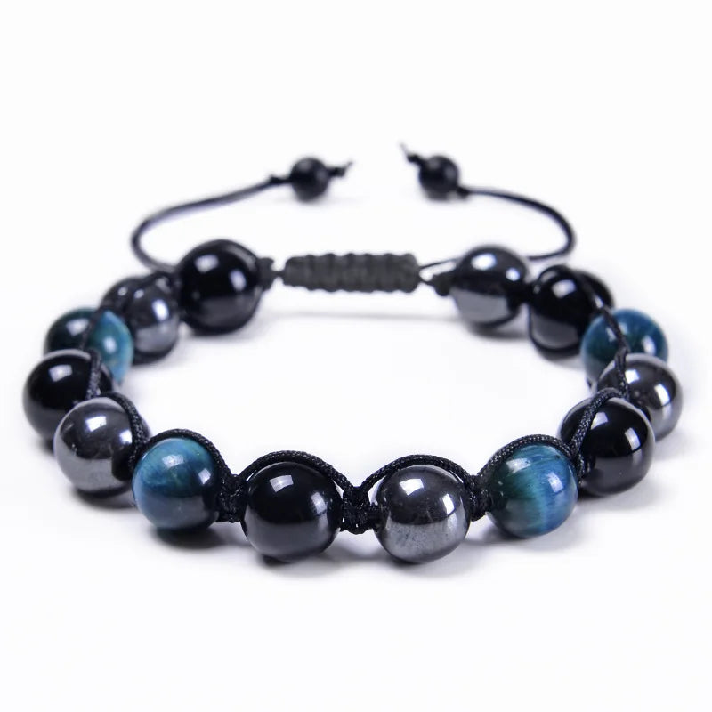 10MM Natural Blue Tiger Eye Stone Bracelet Fashion Hand Woven Black Agate Hematite Adjustable Stone Bracelet