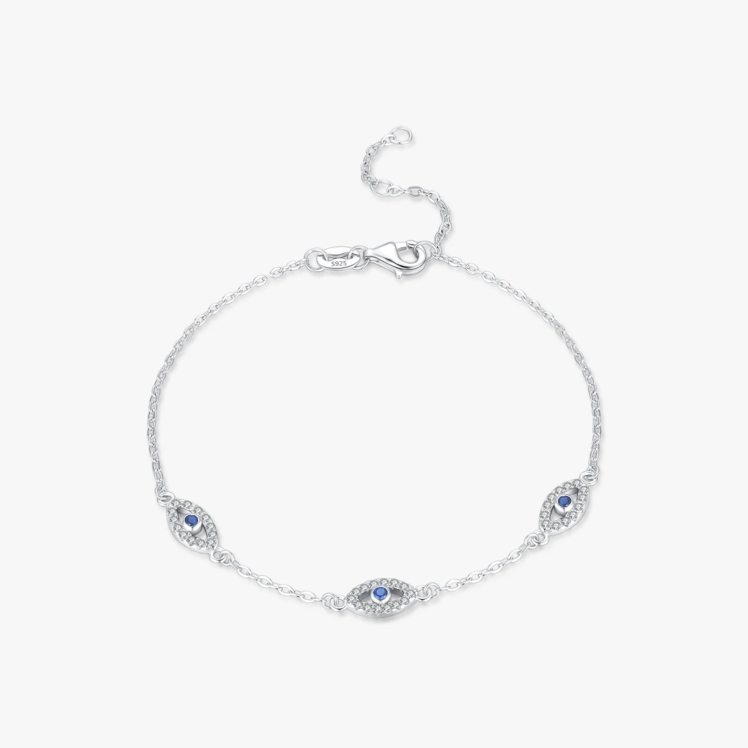 925 Sterling Silver Korea Style Chain Link Fine Jewelry Elegant Blue Clear CZ Adjustable Evil Eyes Charm Bracelet for Women
