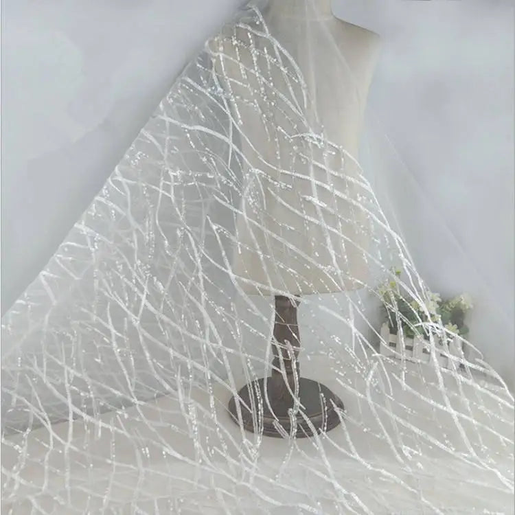Fashion Wedding Dress Fabric Sequins Embroidered Mesh White Fabric
