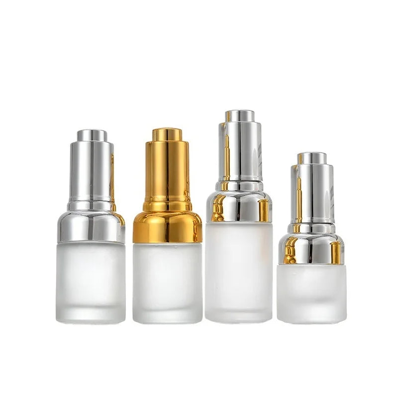 20ml 30ml 1oz 50ml Glass Essential Oil Dropper Vials Gold Silver Press Pipette Lid Cosmetic Frosted Glass Refillable Bottles