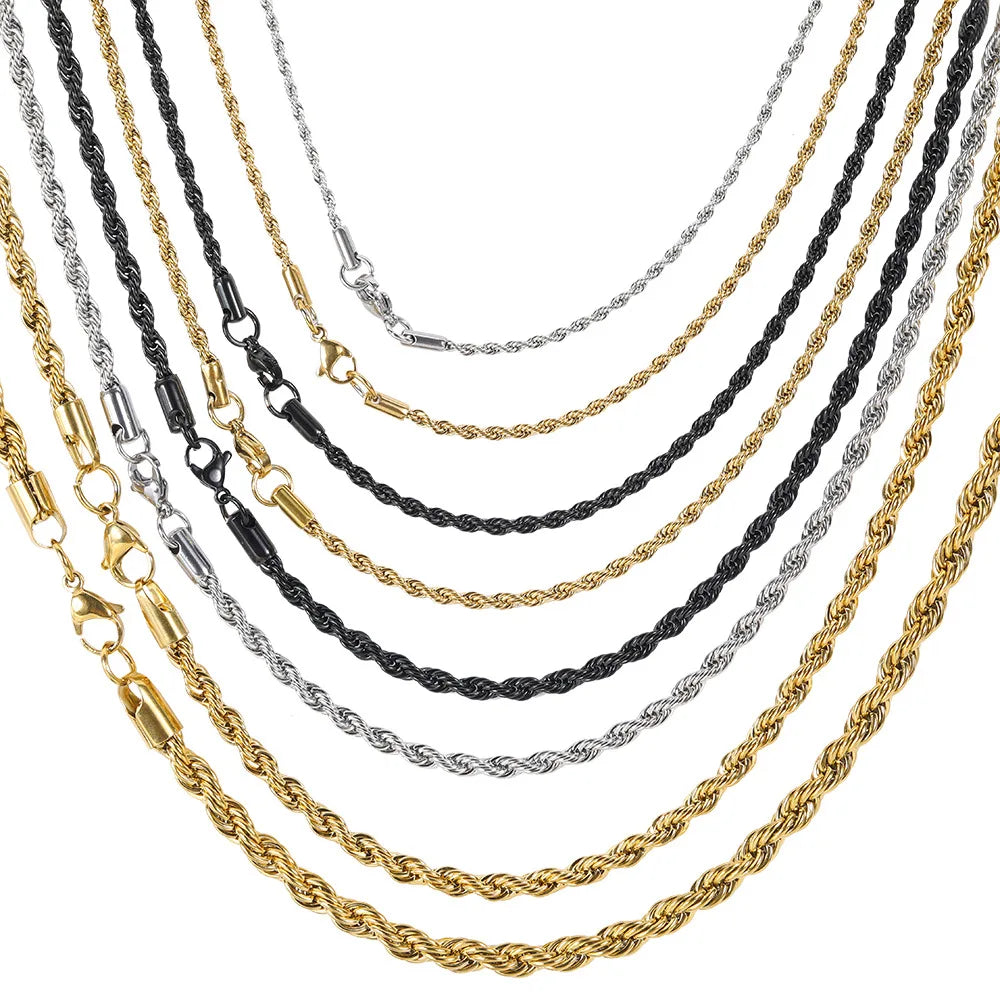 Top Icy Hip Hop Jewelry 3mm-5mm  Multicolor Stainless Steel Gold Plated Rope Chain Fashion Hip Hop Rope Necklace for Men