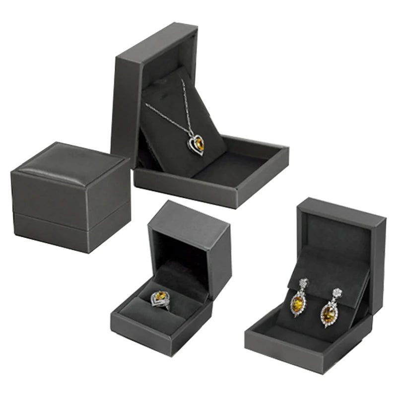 Handmade Dark Gray PU Leather Rectangle Velvet Logo Jewelry Packaging Box Ring Earrings Necklace Pendant Storage Luxury Touch