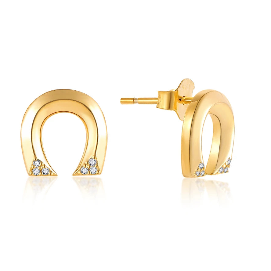 YILUN Gold Plated Horseshoe Stud Earrings 925 Sterling Silver CZ Accents Lucky Charm Horse Shoe Stud Earrings Jewelry for Women