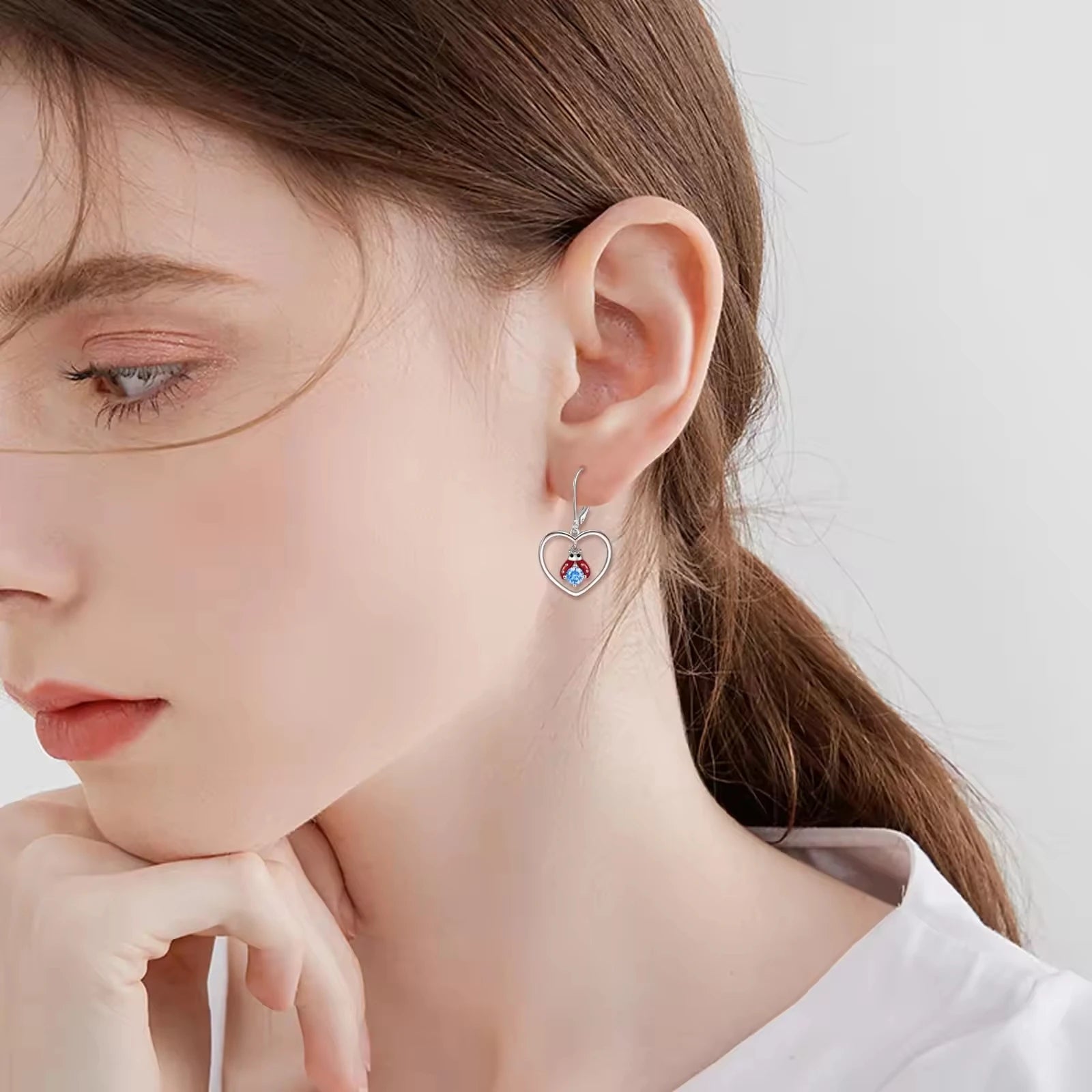 S925 Sterling Silver Zircon Cute Enamel Ladybug Heart Dangle Drop Earrings