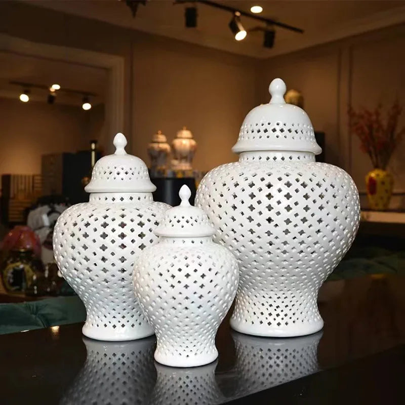 White Ceramic Art Deco Wedding Home Decor Hollow Out Ginger Jar Set Traditional Pierced with Lid Eco-Friendly Tabletop Vase