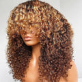 Human Hair Full Machine Wig Cuticle Aligned Hair Highlight Honey Blonde Color Curly Wave No Lace Wigs
