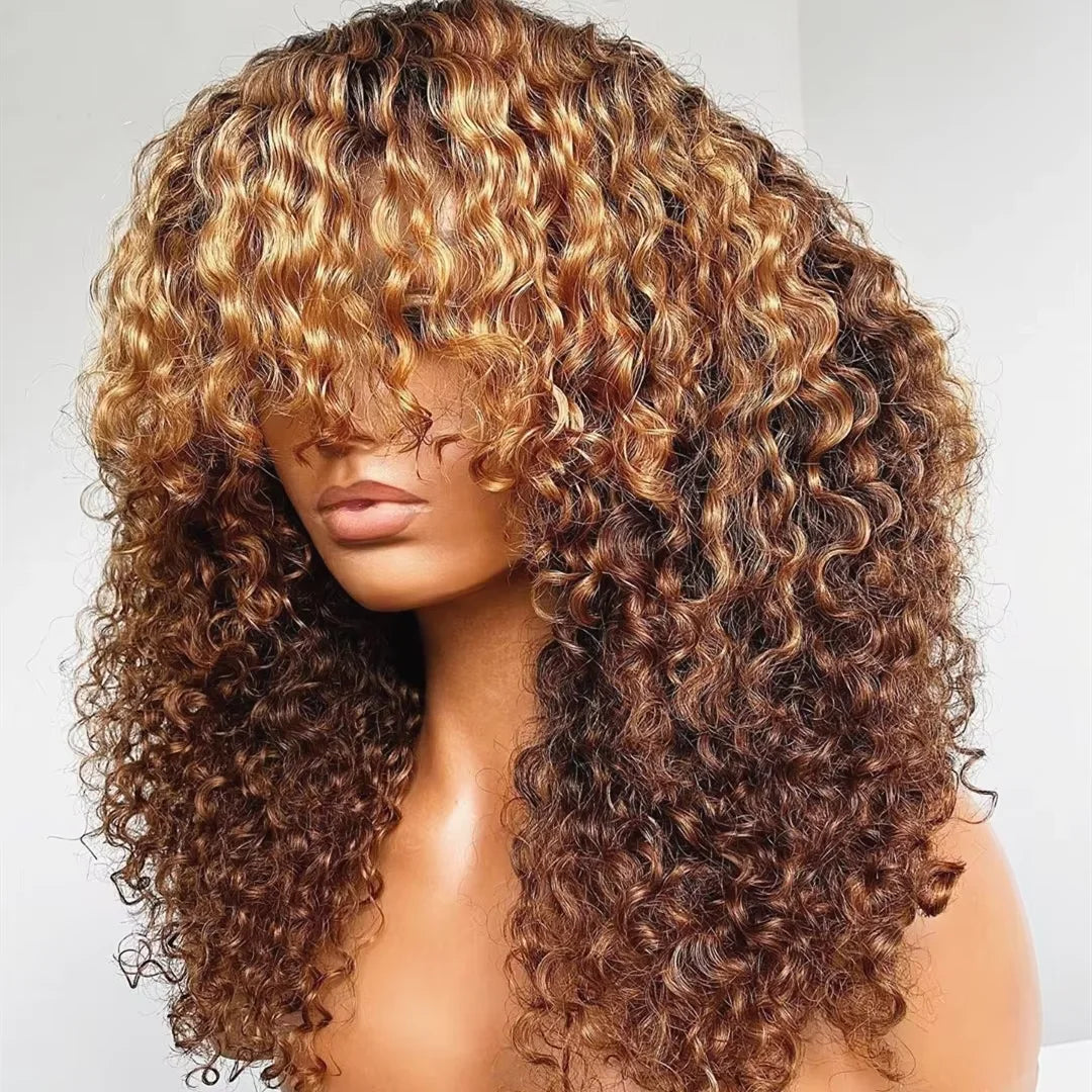 Human Hair Full Machine Wig Cuticle Aligned Hair Highlight Honey Blonde Color Curly Wave No Lace Wigs