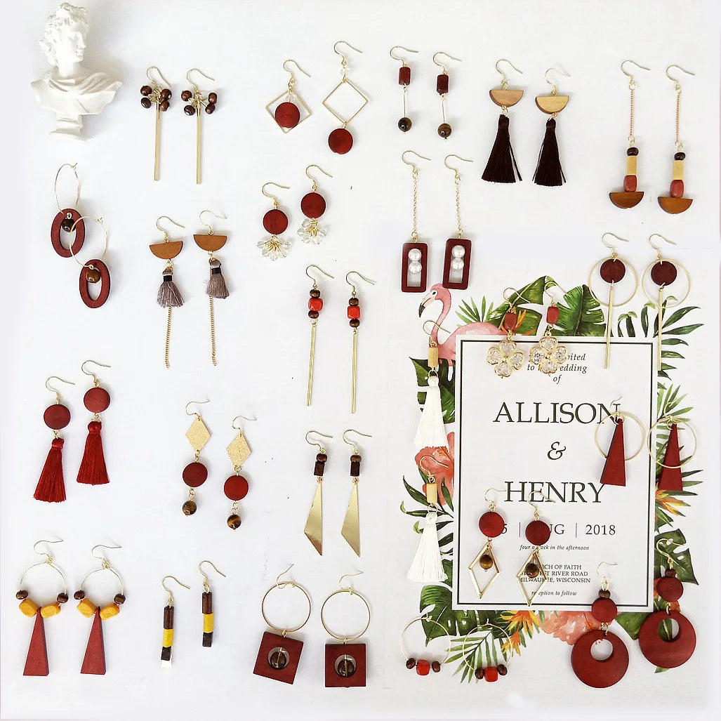 JC Crystal 2021 Wooden Earrings Ornament Hesiod Girl Black Hair Wooden Drop Earrings Wood Earrings Jewelry