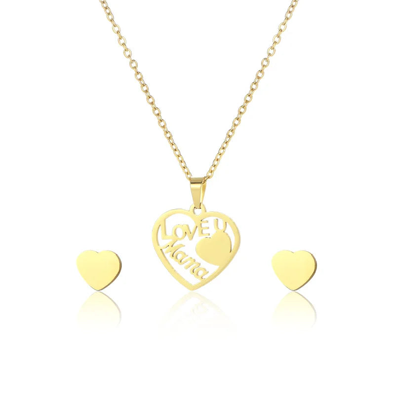Mothers' Day Gift Stainless Steel PVD Plating Love U Mama Dainty Heart Pendant Necklace Set