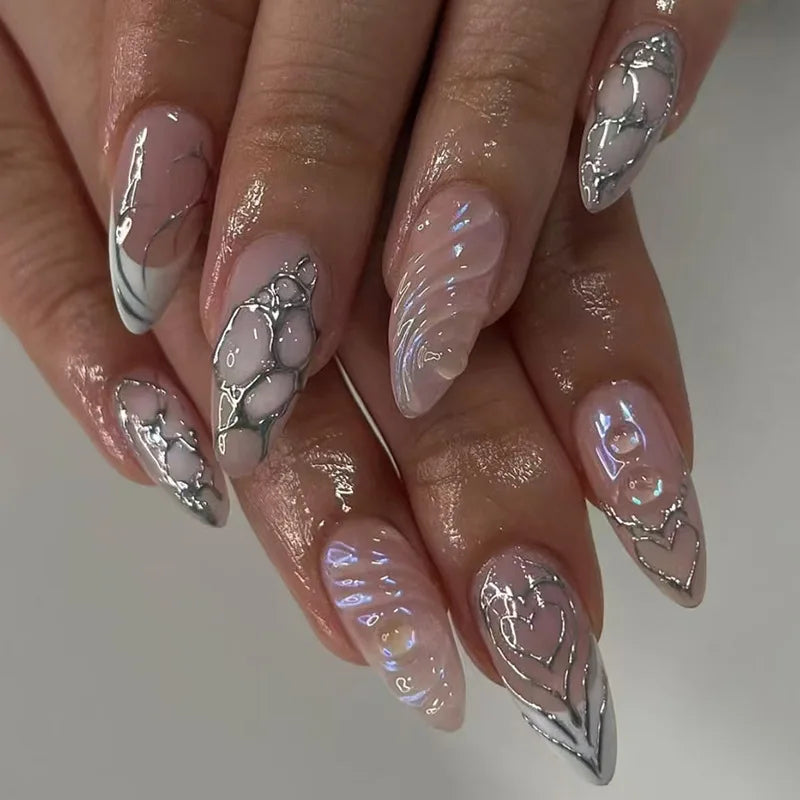 Line 3D Metal False Nails Short Size French Style Almond Stiletto Coffin ABS Press Pearl Nail Tips 24pcs Short False Nails