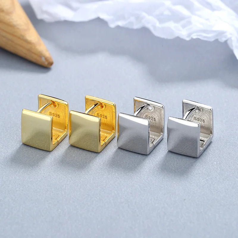 Fine Jewelry 925 Sterling Silver Minimalist Earrings Punk Chic Geometric square Wide Thick Heavy Gold Plated Hoop Earrings Women