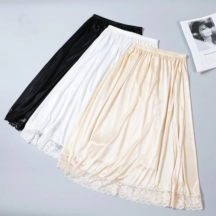 75cm Long Women Satin Half Slip Underskirt with Lace Long Petticoat a Line Under Dress Safety Skirt