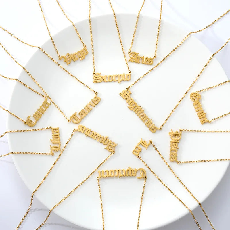 Women's Customized 12 Zodiac Letter Pendant Necklace Stainless Steel Astrology Necklace Gold Plating Customized Letter Jewelry