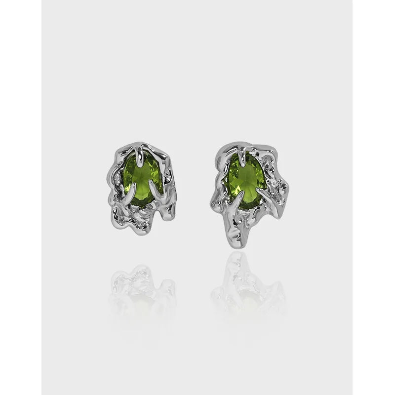 Classic Design Irregular lava Shape Asymmetric 925 Sterling Silver Olive Green CZ S925 Stick Earring Women  EA651