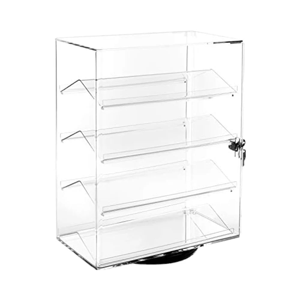MOOCA Premium 360-Degree Rotating Acrylic Display Case 4 Removable Shelves Key Lock Modern for Sunglasses Jewelry Collectibles