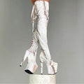 Big Size 20cm Strip Pole Dance Gladiator Platform Sexy Fetish 8Inch Lace up Over the Knee Boots Thin Heels Retro Round Toe Party