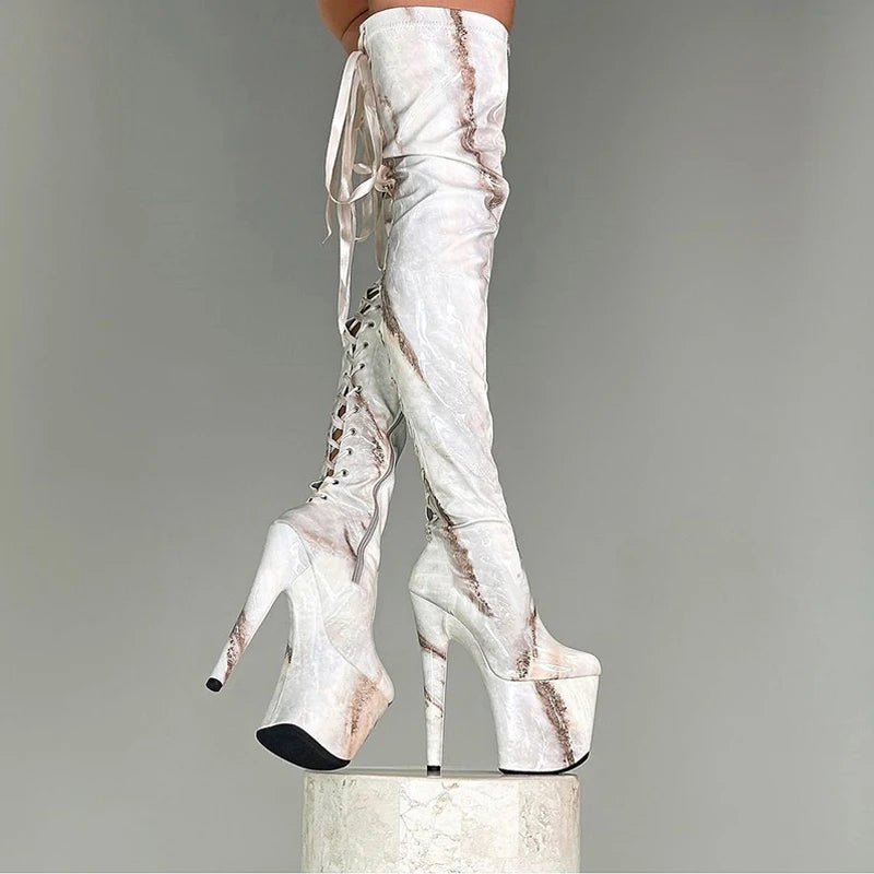 Big Size 20cm Strip Pole Dance Gladiator Platform Sexy Fetish 8Inch Lace up Over the Knee Boots Thin Heels Retro Round Toe Party