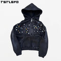 Streetwear Custom Embroidery Heavy Weight Sun Faded Zip up Acid Wash Sweatshirt Rhinestone Boxy Cropped Distress Hoodies Men