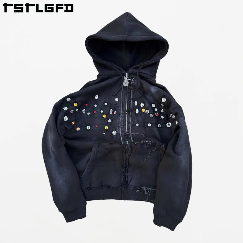 Streetwear Custom Embroidery Heavy Weight Sun Faded Zip up Acid Wash Sweatshirt Rhinestone Boxy Cropped Distress Hoodies Men