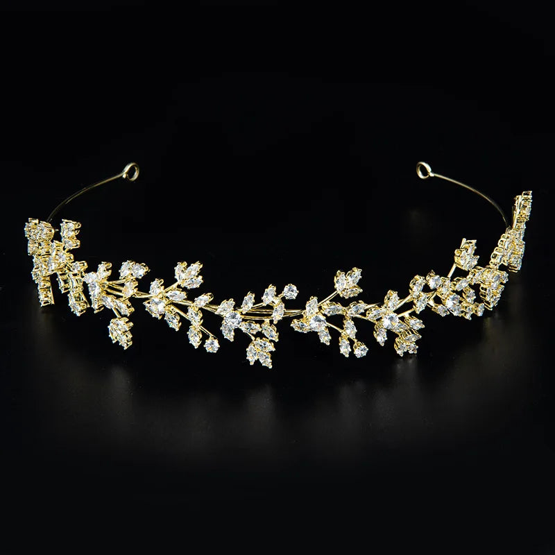 Exquisite Sparkly Handmade Rhinestone Gold Luxury Flower Maple Leaf Bridal Wedding Tiara Zircon Headbands