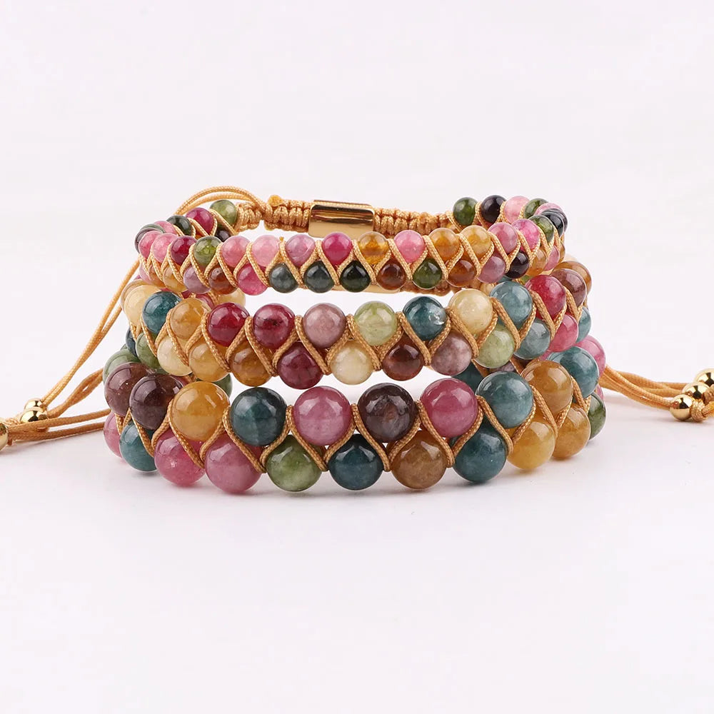 New Color Tourmaline Jade Stone Double Layer Woven Handmade Bracelet Macrame With Custom Logo for Women JBS12573