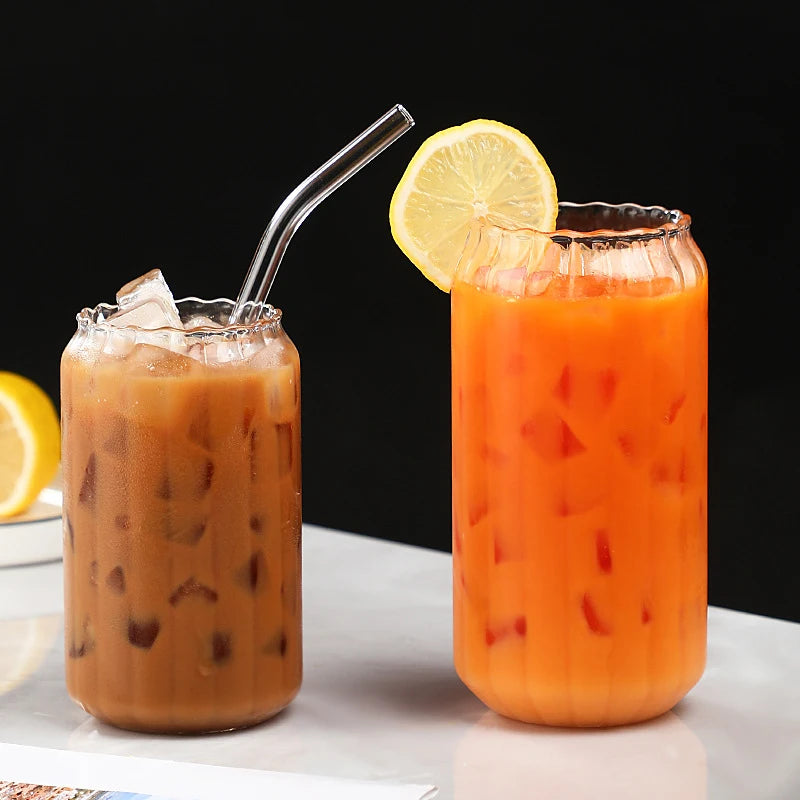 550ml/400ml Ribbed Glass Cup With Glass Straw Transparent Bubble Tea Cup Juice Glass Beer Can Milk Mocha Breakfast Mug Drin Cups