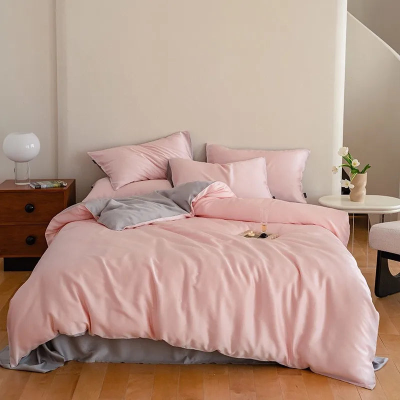 Customized Summer 100% Lyocell Fiber pink Duvet Cover Solid Color Queen Size Home Comforter Cover Luxury 4-piece Bedding Set