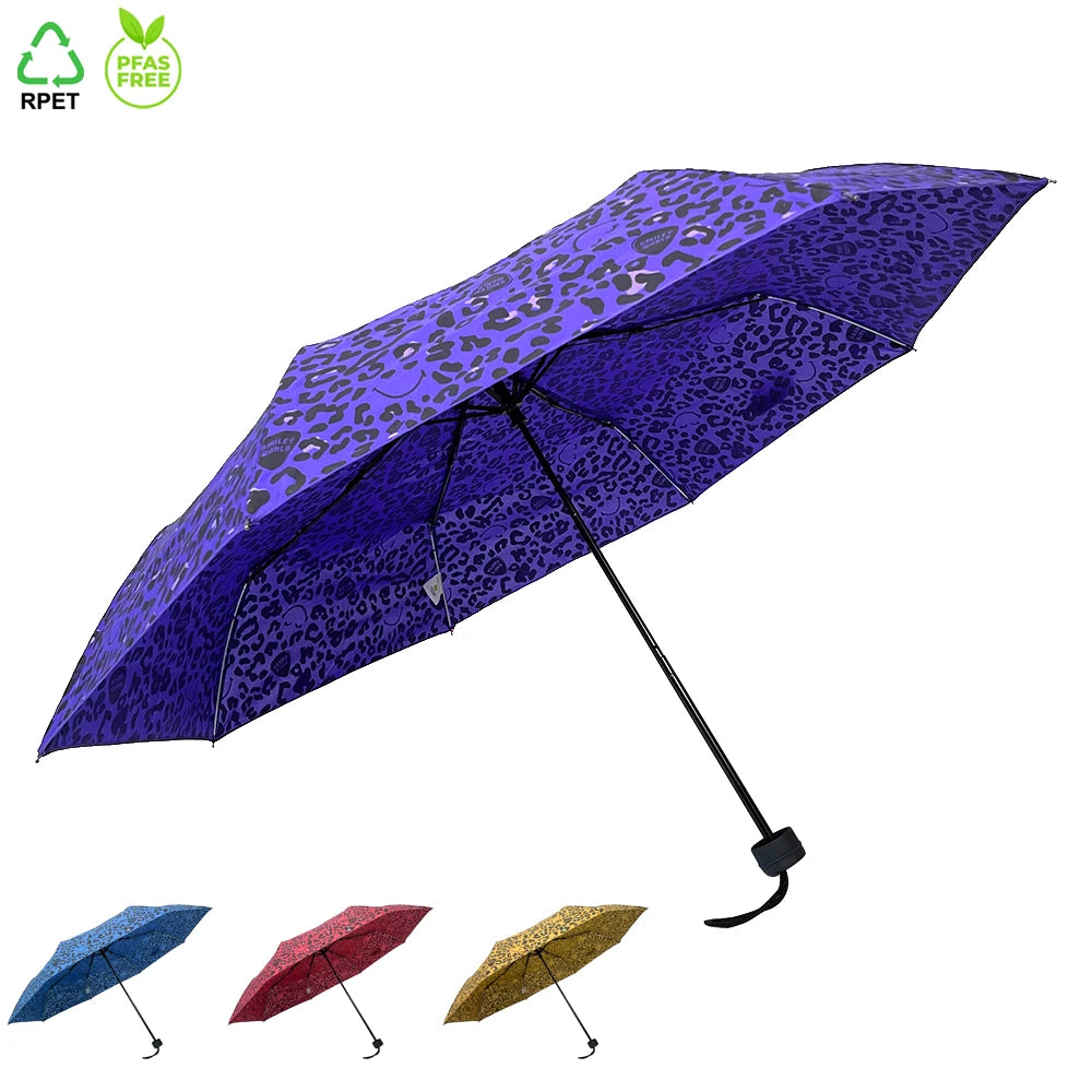 OVIDA 3-Fold Classic Travel Umbrella with Custom Leopard Design Purple Color Metal Frame Manual Opening
