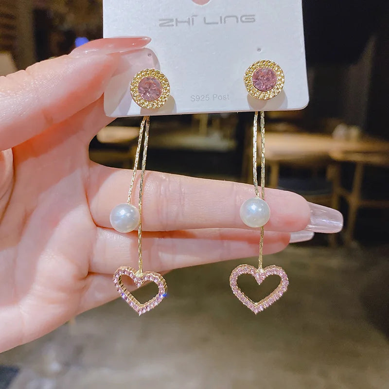 S925 Sterling Silver Pink Heart Shaped Tassel Earrings Fashion Jewelry Accessories