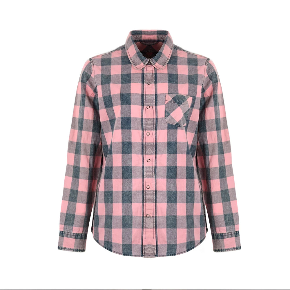 Small Order Classical Design Cotton Plaid Long Sleeve Womens Button up Blouses Tops Shirt With Pocket