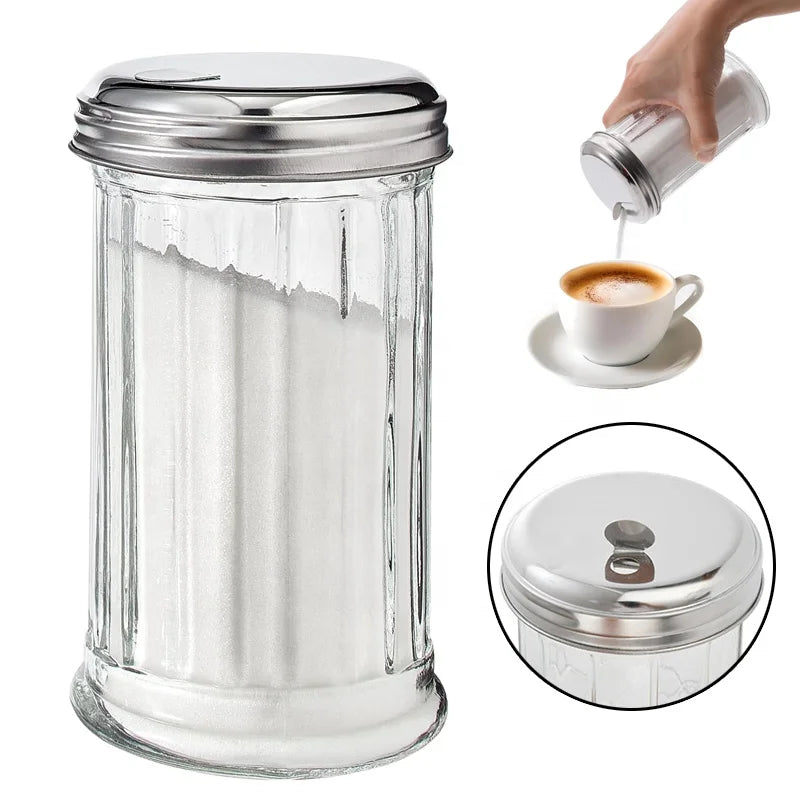 5.5inch Retro Style Suger Shakers with Stainless Steel Pour-Flap Lid 12oz Glass Sugar Shaker Dispenser Pourer