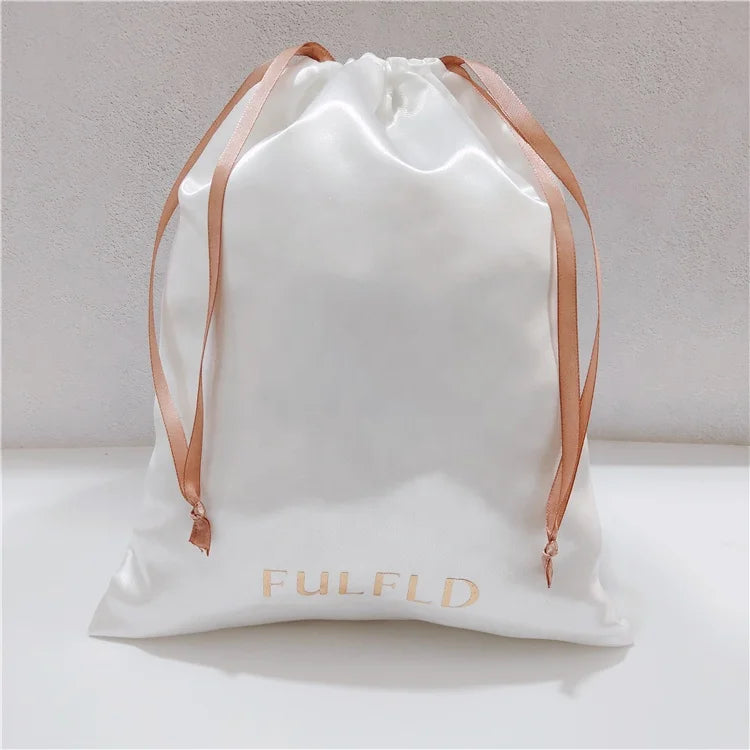 Custom Luxury Thick White Satin Dust Bags for Handbags Luxury Rose Gold Logo Silk Pouches Satin White Dust Bags