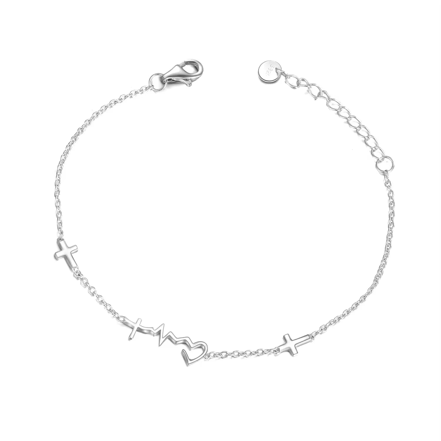 Fashion Jewelry 925 Sterling Silver Rhodium Plated Love Heartbeat Cross Link Chain Bracelet
