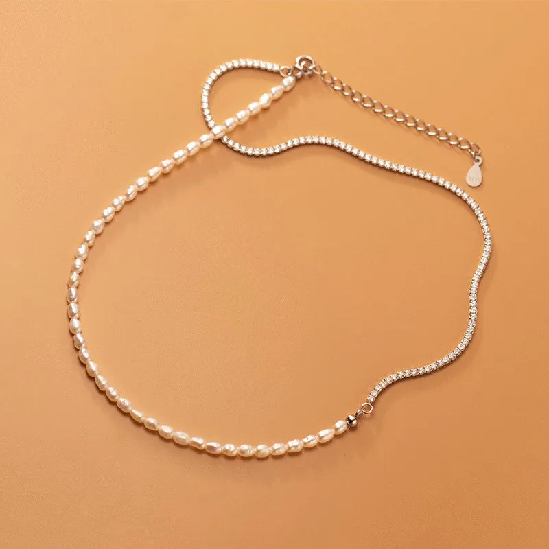 Mix Style Freshwater Pearl Chain 925 Sterling Silver Zircon Tennis Choker Necklace