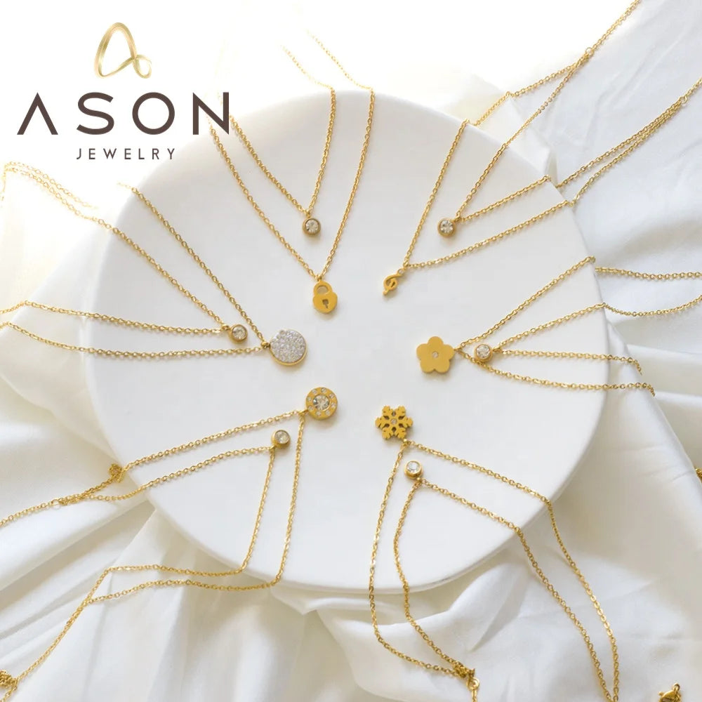 Ason Wholesale Hot Sale Jewelry Stainless Steel Double Layer Necklace 18k Gold Plated Geometric Zircon Pendant Necklace