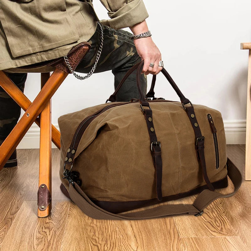 Custom Large Carry on Waterproof Sport Gym Vintage Camping Waxed Canvas Bag Overnight Weekender Canvas Duffle Bags for Men