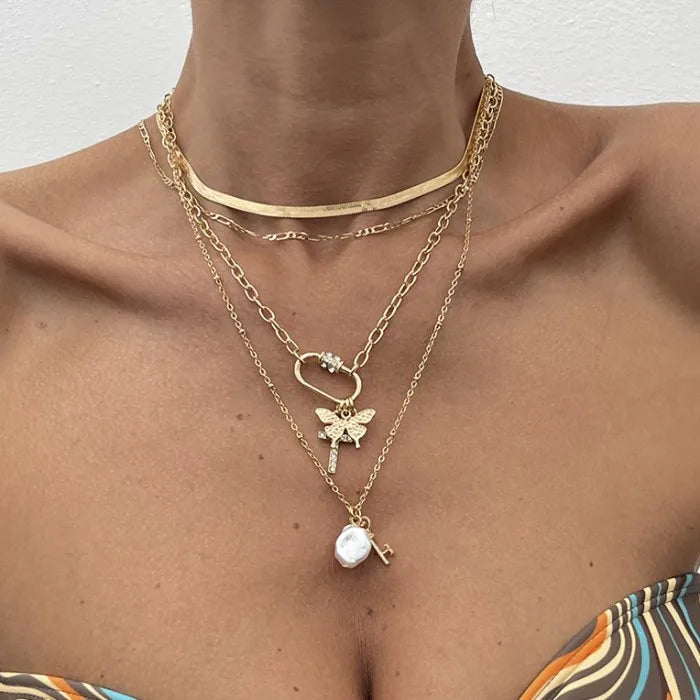 Bohemian Multilayer Snake Chain Fashion Necklaces Butterfly Key Pendant Jewelry for Women Beach Vacation Gift