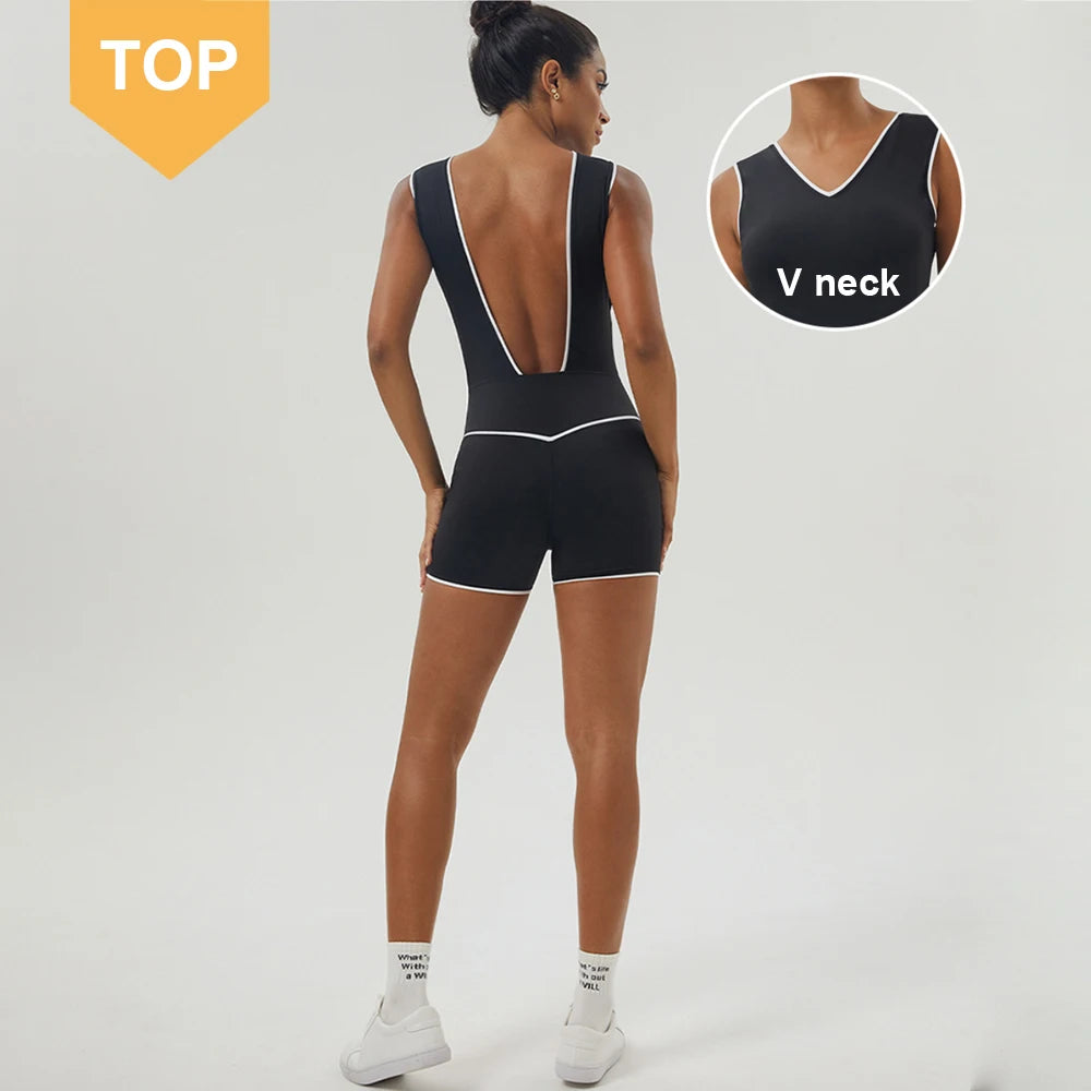 New Arrival Women's Sexy Spandex/Polyester Bodysuit Shorts Deep V Back Solid Breathable High-Waisted Sleeveless Elastic Waist 1