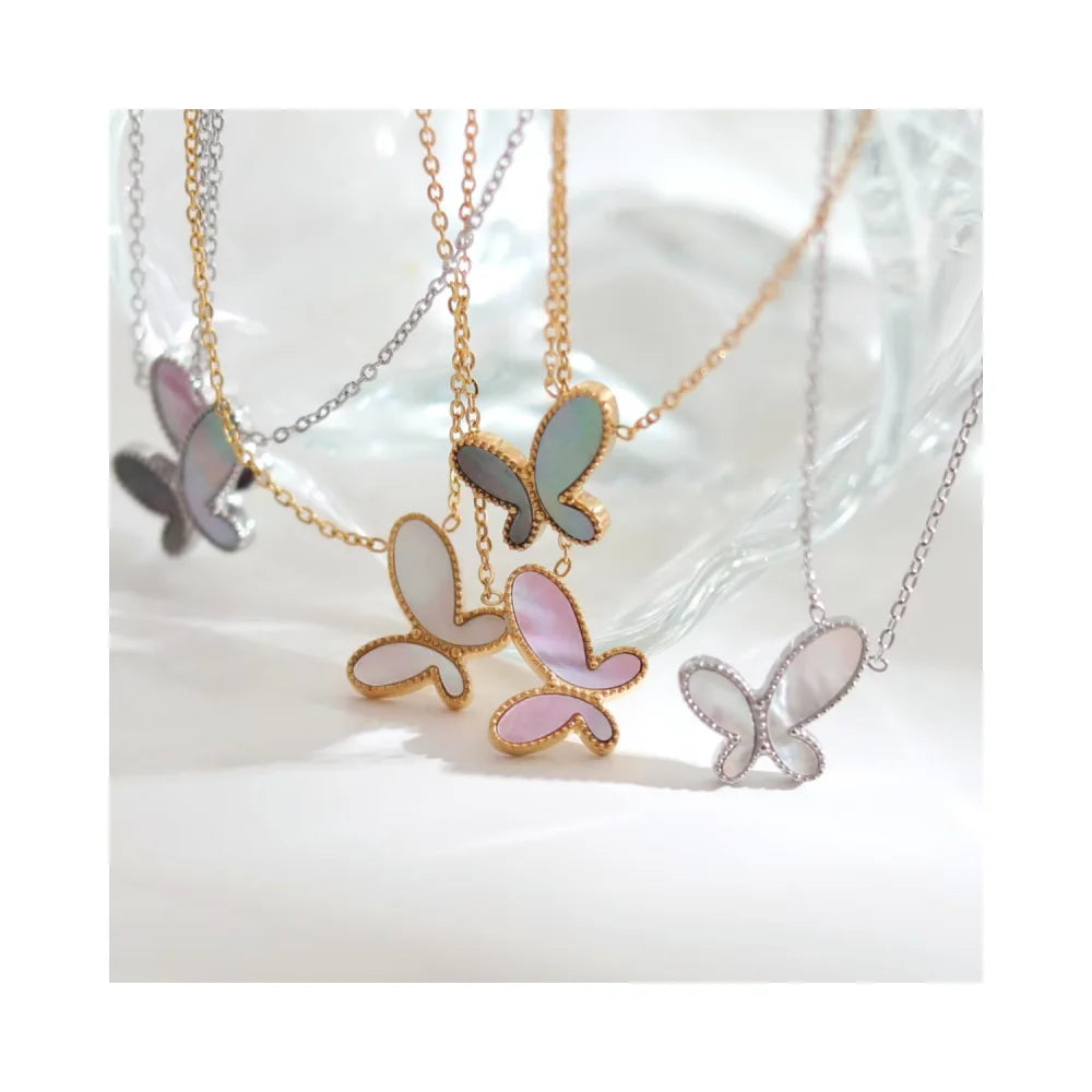Real PVD 18k Gold Plated Natural Pearl Shell Butterfly Necklace Non Tarnish 316L Stainless Steel Shell Butterfly Necklace