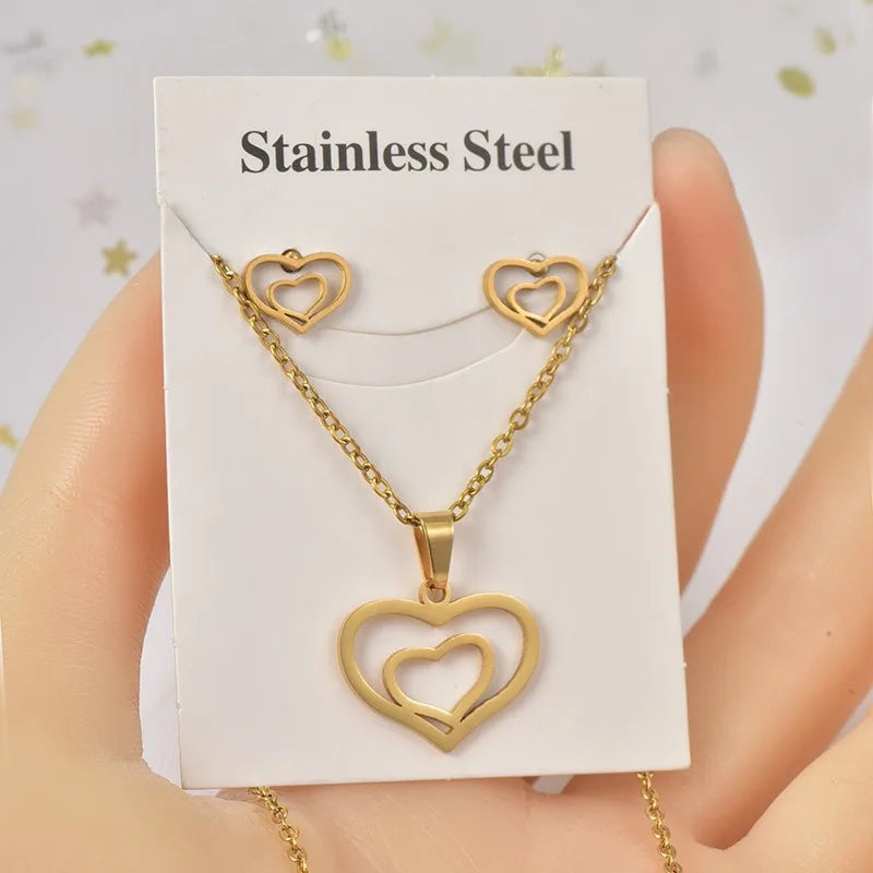 Creative Gold Plated Hollow Heart Necklaces Set Stainless Steel Double Heart Jewelry Set for Women
