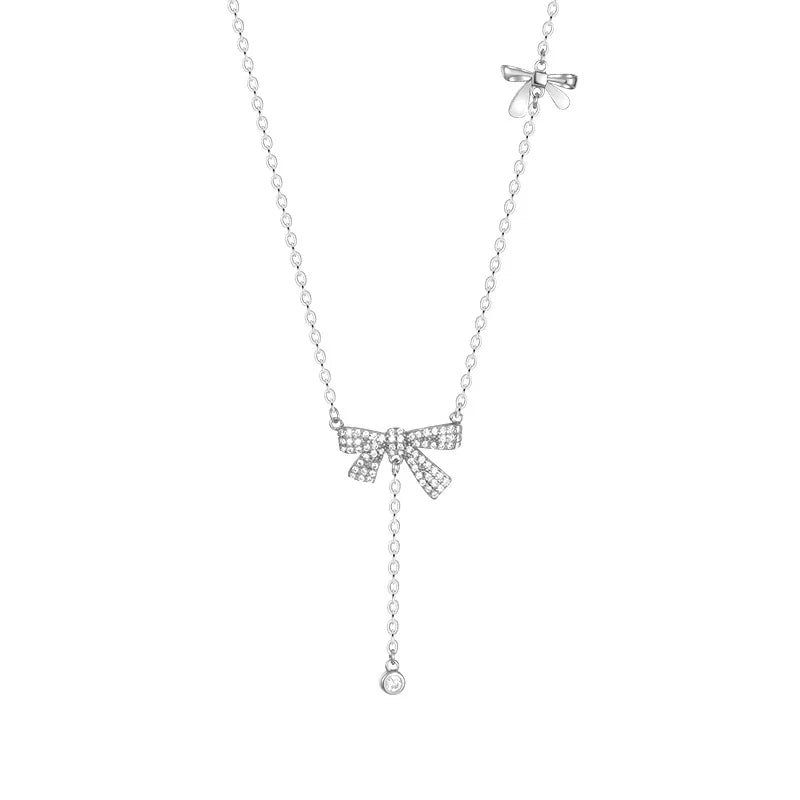 Delicate Bling Micro Paved Cubic Zircon Bow Shape Pendant Necklace Gold Plated 925 Pure Silver Double Bow Necklace for Girls