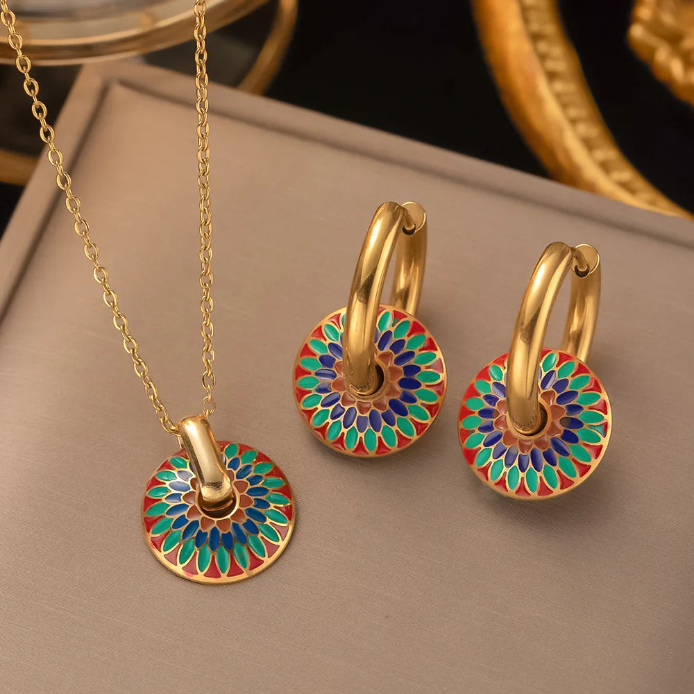 New Fashion 2pcs Set Stainless Steel 18k Gold Plated Chrysanthemum Enamel Jewelry Set for Women