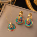 New Fashion 2pcs Set Stainless Steel 18k Gold Plated Chrysanthemum Enamel Jewelry Set for Women