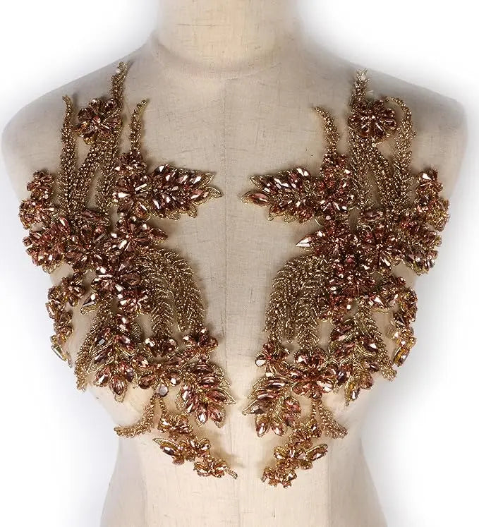Hand-Made Beaded Rhinestones DIY Clothing Appliques PatchBeaded Applique for Wedding Dress Decoration Flower Applique by Pair